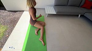 Blonde yoga trainer bends over for deepthroat blowjob and doggystyle creampie in crowded park outdoors