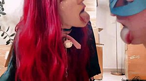 Hot beauty babe in costume seduces cat neighbor for ass licking with tongue in close up action