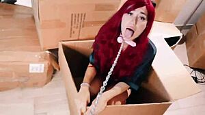 Hot beauty babe in costume seduces cat neighbor for ass licking with tongue in close up action