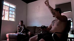 Behind-the-scenes blowjob on Carmona while playing video game with wet pussy action