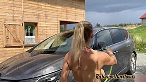 Washes Car In Bikini And Naked Plays With Water Foam Pushing Tits To Glass