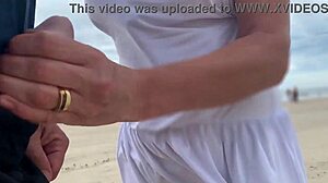 Busty stranger milf handjob cumshot in public