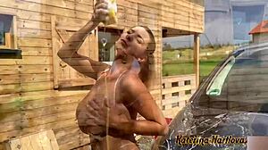 Washes Car In Bikini And Naked Plays With Water Foam Pushing Tits To Glass