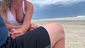 Busty stranger milf handjob cumshot in public