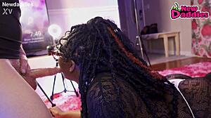 That black 28 to 20 year old ebony takes in white daddy with blowjob and deepthroat in wet lingerie.