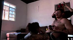 Behind-the-scenes blowjob on Carmona while playing video game with wet pussy action