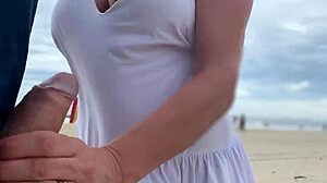 Busty stranger milf handjob cumshot in public