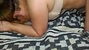 milf couple bangs doggystyle on bed with thong panties in homemade webcam emo session