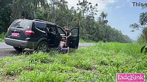 Imagine Catching Us Bareback Fucking on the Highway Side, Blonde Twink Submissive in Public Outdoor Action