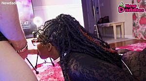 That black 28 to 20 year old ebony takes in white daddy with blowjob and deepthroat in wet lingerie.