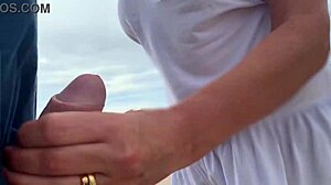 Busty stranger milf handjob cumshot in public