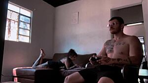 Behind-the-scenes blowjob on Carmona while playing video game with wet pussy action