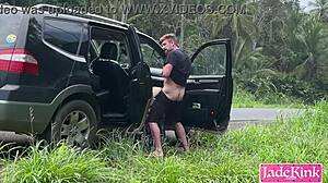 Imagine Catching Us Bareback Fucking on the Highway Side, Blonde Twink Submissive in Public Outdoor Action