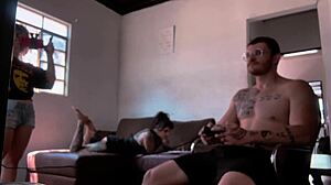 Behind-the-scenes blowjob on Carmona while playing video game with wet pussy action