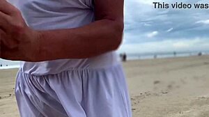 Busty stranger milf handjob cumshot in public