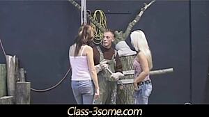 Intense teen threesome with blonde blowjob and deepthroat action in the workshop