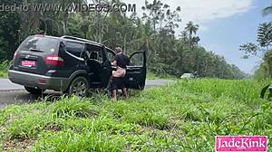 Imagine Catching Us Bareback Fucking on the Highway Side, Blonde Twink Submissive in Public Outdoor Action