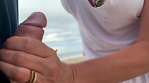 Busty stranger milf handjob cumshot in public