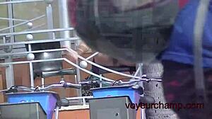 Helena Price flashes her hairy pussy in public upskirt while feeling excited and exposed as voyeur wife.