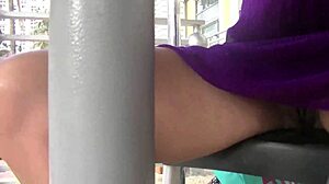 Helena Price flashes her hairy pussy in public upskirt while feeling excited and exposed as voyeur wife.