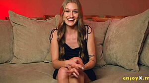 the hot platinum-blonde gives blowjob to her boyfriend. then she rides cowgirl for creampie in full hd.