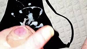 Hey, check out this amateur handjob on a big cock with hairy boobs and cumshot in underwear!