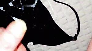 Hey, check out this amateur handjob on a big cock with hairy boobs and cumshot in underwear!