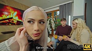 Swap4k couple tries first time threesome with husband watching wife swap. Bisexual group action in bedroom pov.  