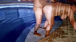 Stepsister Chubby Busty Slut Fucked Outdoors with Big Tits Bouncing in Public Pool at Night