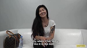 Akasha Coliun Czech Casting Features Asian Brunette in Blowjob Doggystyle Missionary and Bent Over Sex