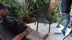 shy stepsister loses virginity to stepbrother in bedroom. his friend masturbates outside in garden with close up view.