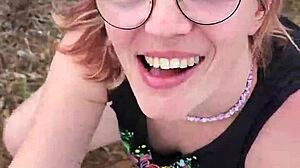 During her trip this petite amateur milf gives blowjob in nature outdoor setting with couple homemade fun