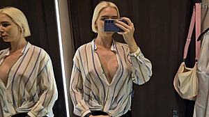 big tits in the dressing room, how sexy is this see-through outfit on my curvy blonde body with wet pussy and upskirt view?