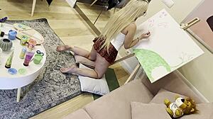 Petite college art student with glasses and miniskirt teases big dick guy slowly. Can she edge him to explosion with her tight pussy handjob?