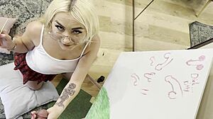 Petite college art student with glasses and miniskirt teases big dick guy slowly. Can she edge him to explosion with her tight pussy handjob?