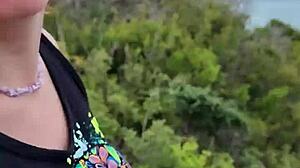 During her trip this petite amateur milf gives blowjob in nature outdoor setting with couple homemade fun