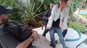 shy stepsister loses virginity to stepbrother in bedroom. his friend masturbates outside in garden with close up view.