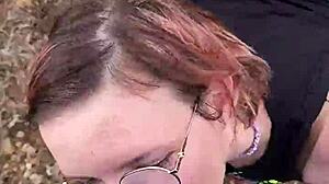 During her trip this petite amateur milf gives blowjob in nature outdoor setting with couple homemade fun