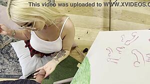 Petite college art student with glasses and miniskirt teases big dick guy slowly. Can she edge him to explosion with her tight pussy handjob?