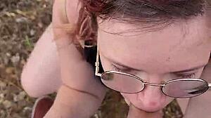 During her trip this petite amateur milf gives blowjob in nature outdoor setting with couple homemade fun