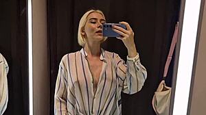 big tits in the dressing room, how sexy is this see-through outfit on my curvy blonde body with wet pussy and upskirt view?