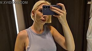 big tits in the dressing room, how sexy is this see-through outfit on my curvy blonde body with wet pussy and upskirt view?