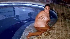 Stepsister Chubby Busty Slut Fucked Outdoors with Big Tits Bouncing in Public Pool at Night