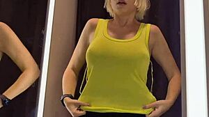 big tits in the dressing room, how sexy is this see-through outfit on my curvy blonde body with wet pussy and upskirt view?