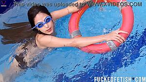 Sexy Brunette Helen Star Enjoys Naked Pool Romance with Big Tits