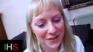 That blonde milf with blue eyes gets her shaved pussy licked then ass fucked missionary with cumshot on belly