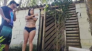 Amateur Brazilian Latina in Jeans and Shorts Gets Dirty with Pedreiro in Outdoor Fetish Foreplay
