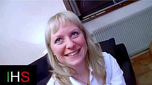 That blonde milf with blue eyes gets her shaved pussy licked then ass fucked missionary with cumshot on belly