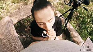 Pov behind the scenes blowjob features teen brunette girlfriend with ponytail giving handjob and swallow in outdoor forest setting.