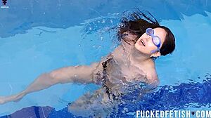 Sexy Brunette Helen Star Enjoys Naked Pool Romance with Big Tits